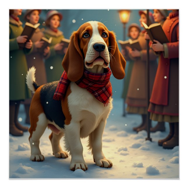 Pôster Basset Hound Christmas Carol Singers Painting (Frente)