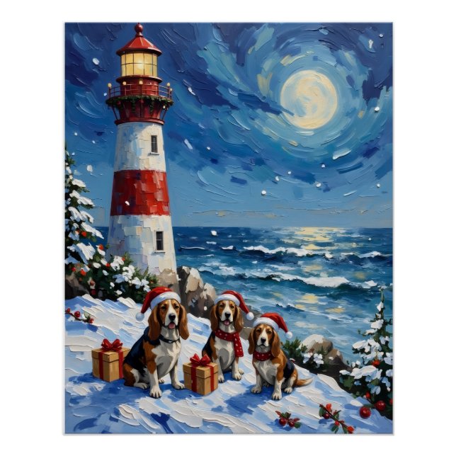 Pôster Basset Hound Christmas Lighthouse Holiday (Frente)