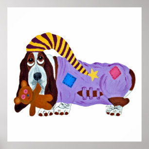 Poster Basset Hound em PJs com ursinho de pelúcia
