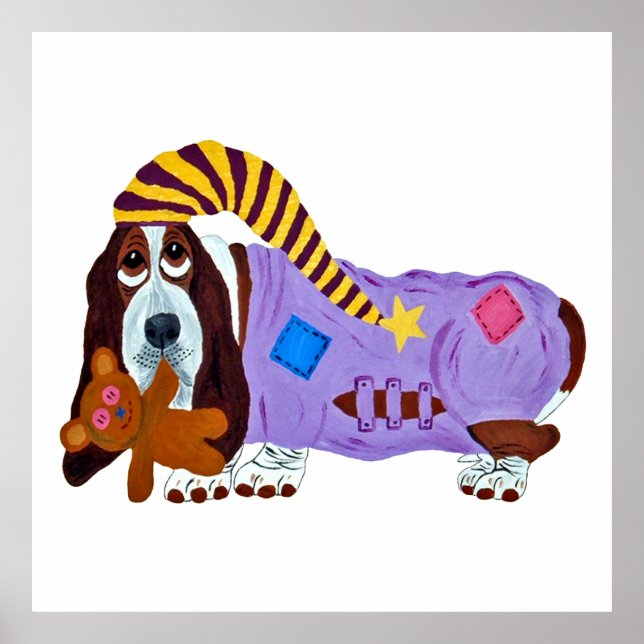 Poster Basset Hound em PJs com ursinho de pelúcia (Frente)