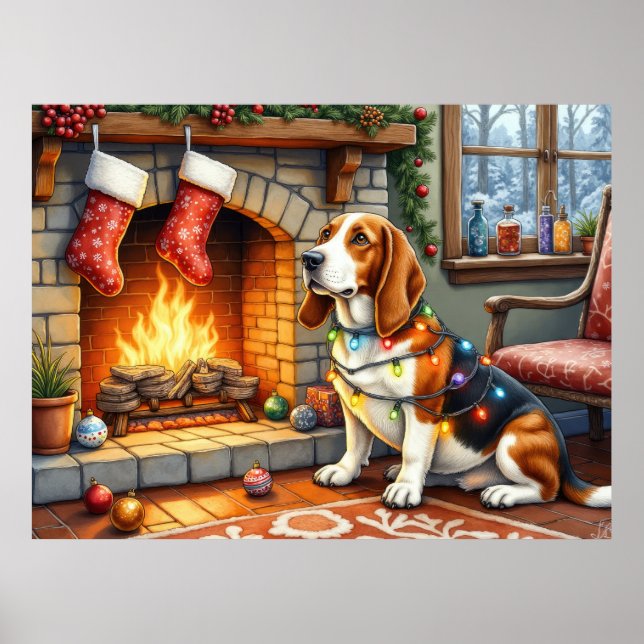 Poster Basset Hound Fireplace with Christmas Lights (Frente)