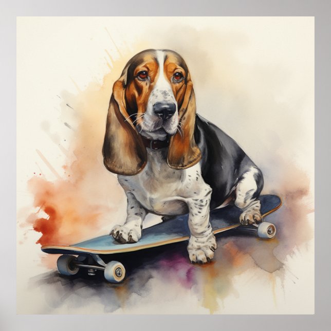 Poster Basset Hound sentado no skate (Frente)