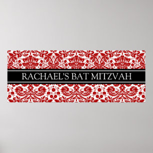 Poster Bat Mitzvah Custom Name Banner Red Damask