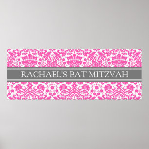 Pôster Bat Mitzvah Custom Name Banner Rosa Damask