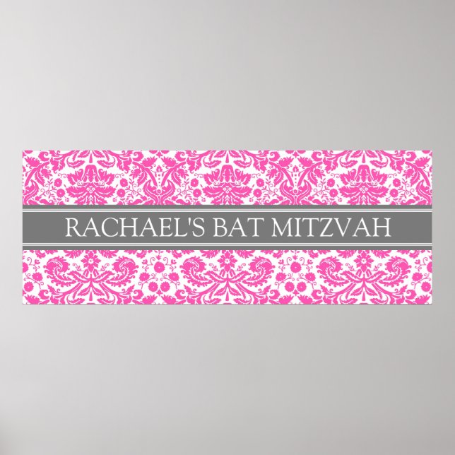 Pôster Bat Mitzvah Custom Name Banner Rosa Damask (Frente)