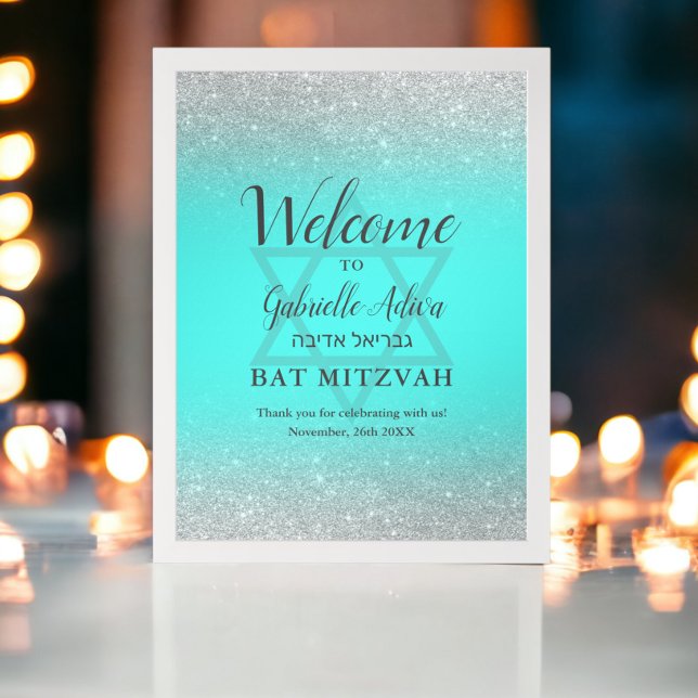 Poster Bat Mitzvah é bem-vindo (Chic silver glitter teal Bat Mitzvah welcome Poster)