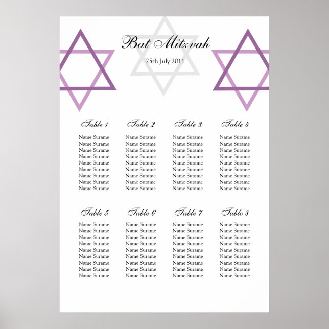 Pôster Bat Mitzvah Mesa Seating Plan (Frente)