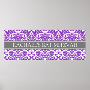 Poster Bat Mitzvah Personalizado Nome Banner Damasco Roxo