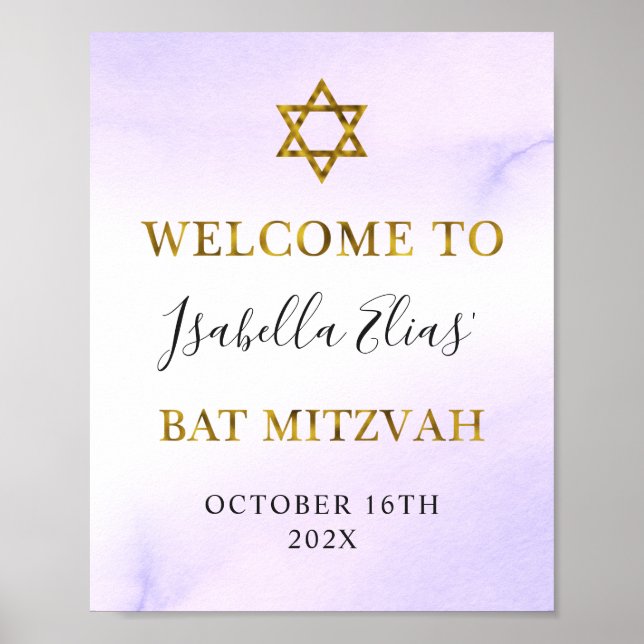 Poster Bat Mitzvah Watercolor Pastel Purple Dourado Bem-v (Frente)