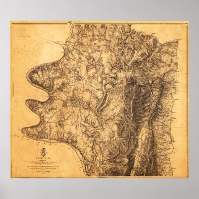 Pôster Batalha de Antietam - Mapa Panorâmico da Guerra Ci (Frente)