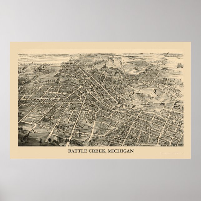 Pôster Batalha de Creek, MI Mapa Panorâmico - 1880 (Frente)