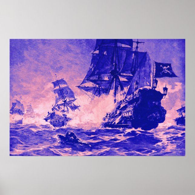 PÔSTER BATALHA DE NAVIO PIRATA EM AZUL E ROSA (Frente)
