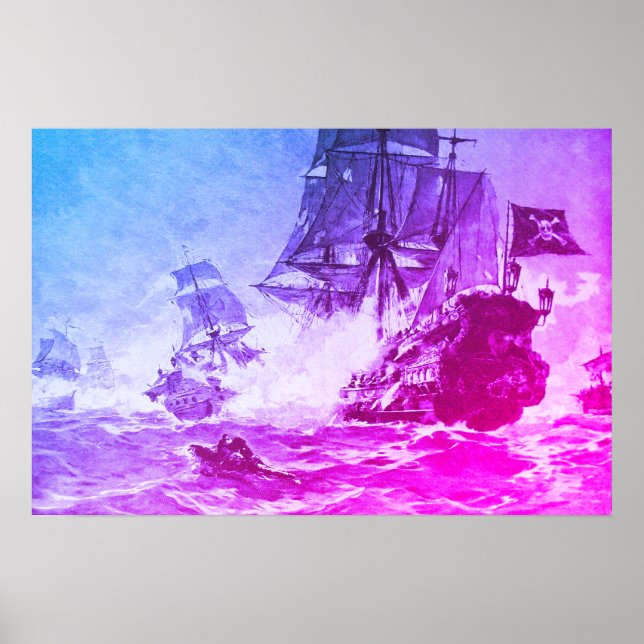 POSTER BATALHA DE NAVIO PIRATA EM AZUL ROXO (Frente)
