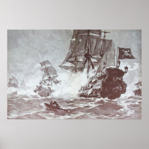 PÔSTER BATALHA DE NAVIO PIRATA EM PRETO E BRANCO