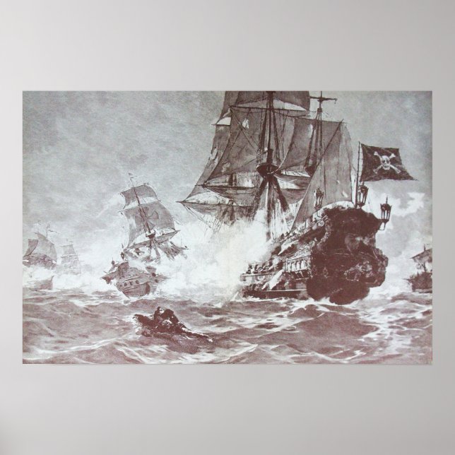 PÔSTER BATALHA DE NAVIO PIRATA EM PRETO E BRANCO (Frente)