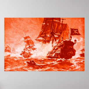 PÔSTER BATALHA DE NAVIO PIRATA EM VERMELHO