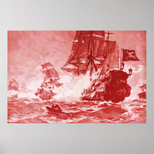 PÔSTER BATALHA DE NAVIO PIRATA EM VERMELHO ANTIGO