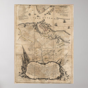 Poster Batalha do vintage do mapa de Yorktown Virgínia