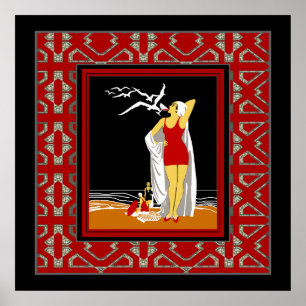 Pôster Bathers do vermelho de New York do vintage do