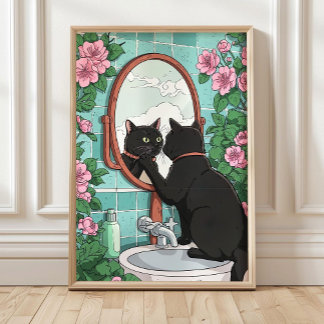 Poster Bathroom Black Cat in Mirror Print, Funny Japanese