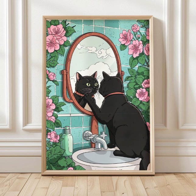 Poster Bathroom Black Cat in Mirror Print, Funny Japanese (Criador carregado)