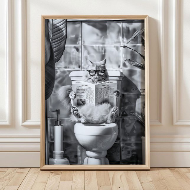 Poster Bathroom Cat Print reading on toilet, Bathroom Wal (Criador carregado)
