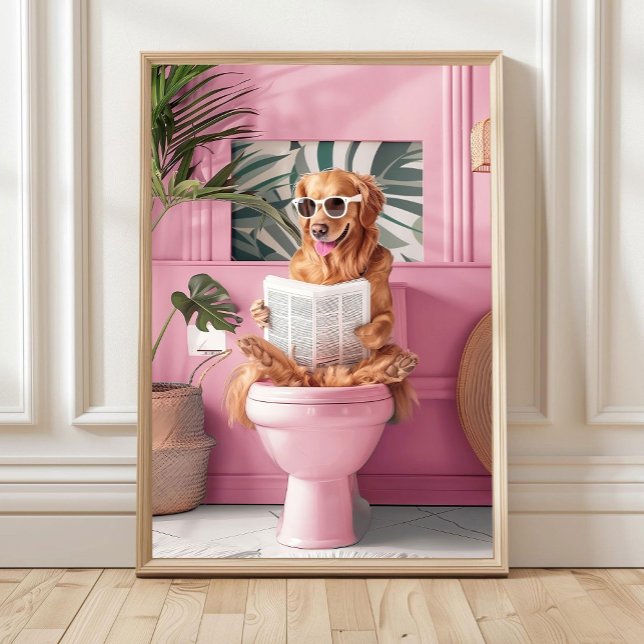 Poster Bathroom Golden Retriever Reading on Toilet Print, (Criador carregado)