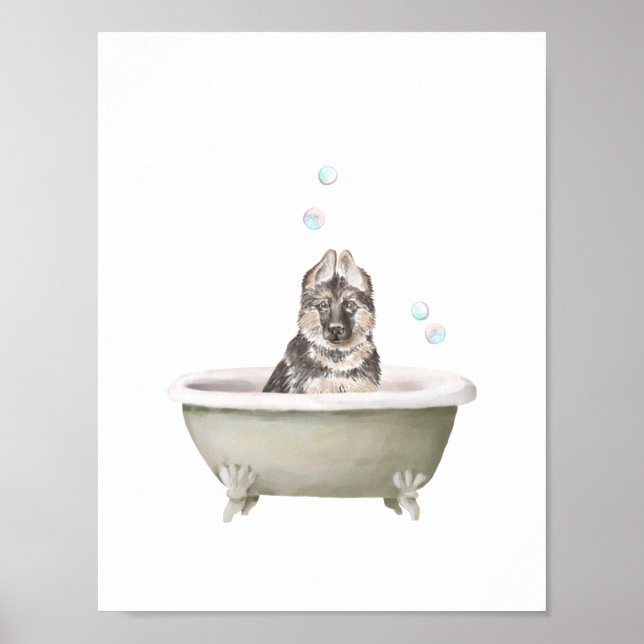 Poster Bathroom Wall Art, German shepherd em uma banheira (Frente)
