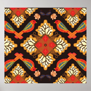 Poster Batik indonésio: motivo da fauna da flora.