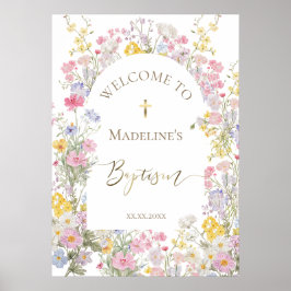 Poster Batismo aquarela flores de prado bem-vindo