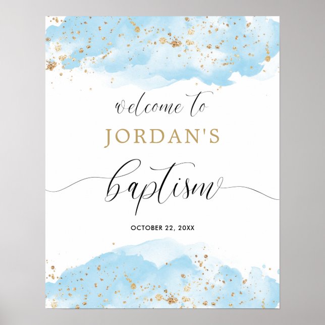 Poster Batismo batizante de ouro azul-aquarela sinal de b (Frente)