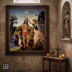 Poster Batismo de Cristo por Verrocchio, Leonardo da Vinc