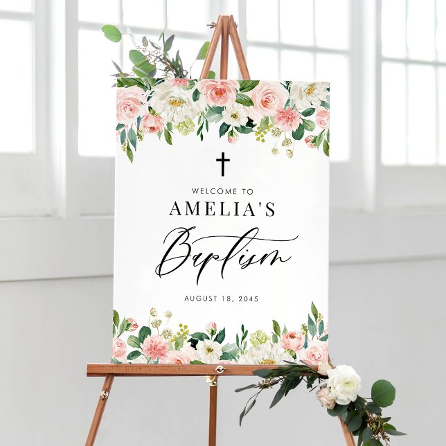 Poster Batismo de Garland Floral Branco e Blush (Watercolor White and Blush Pink Floral Garland Baptism Welcome Sign)