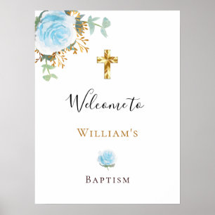 Poster Batismo eucalipto azul floral menino bem-vindo