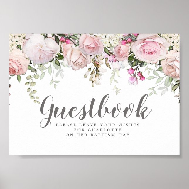 Poster Batismo Floral Cor-de-Rosa Blush - Sinal de Guestb (Frente)