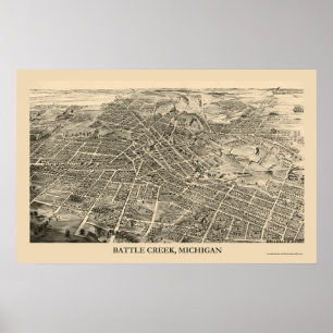Pôster Battle Creek, mapa panorâmico do MI - 1880s