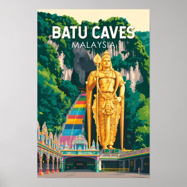 Poster Batu Caves Malásia Ilustração Arte de Viagem Retro (Frente)