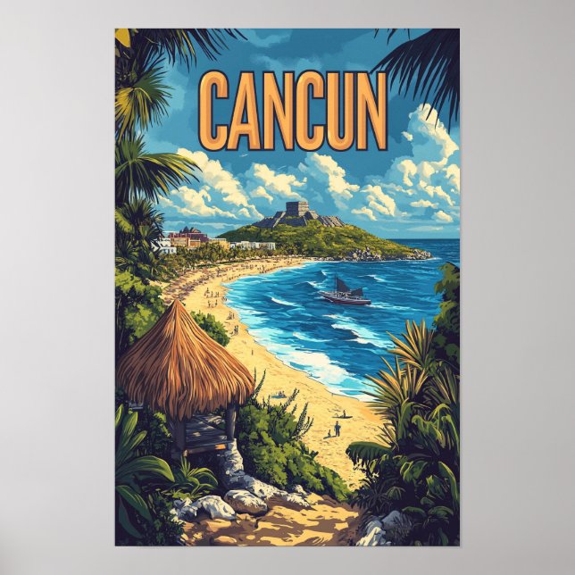 Poster Bauely Cancun Mexico Vintage Illustration Viagem (Frente)