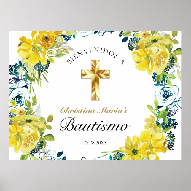 Poster Bautismo de Niña Bonita Cruz Floral Amarillo (Frente)