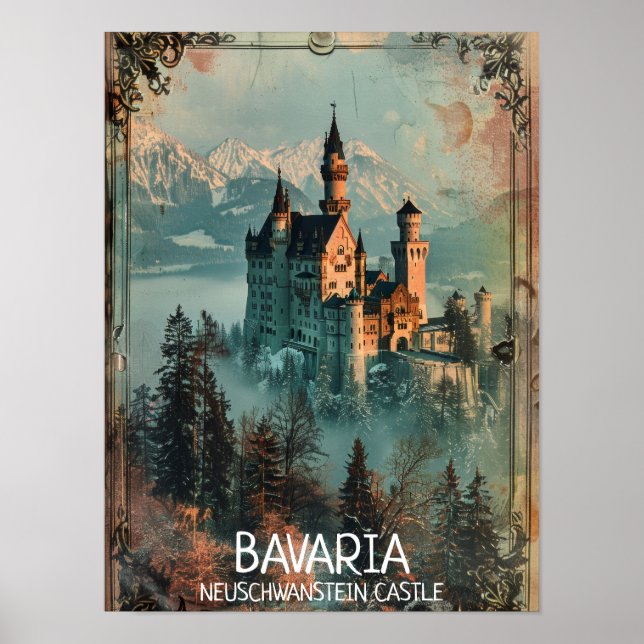 Poster Bavaria Neuschwanstein Castle Vintage (Frente)
