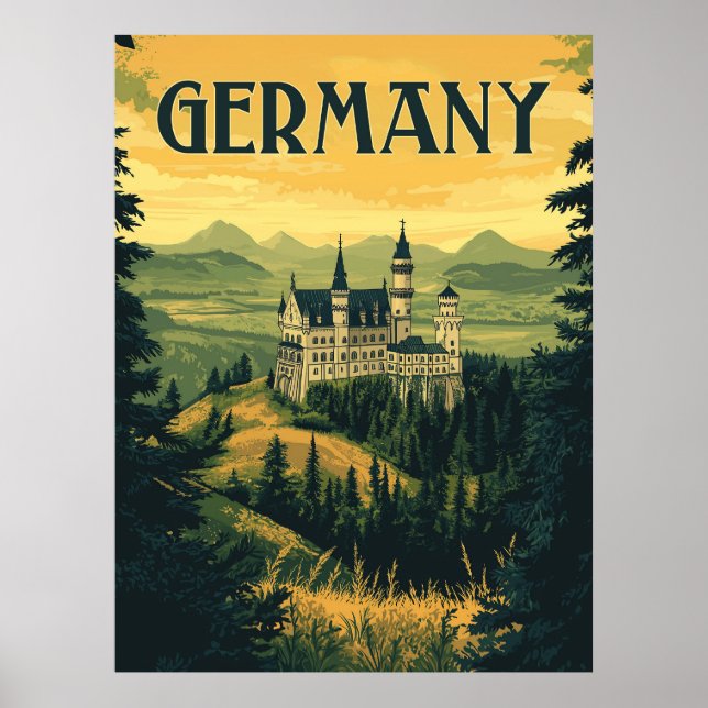 Poster Bavaria Viagem Souvenir - Castelo alemão Vintage (Frente)
