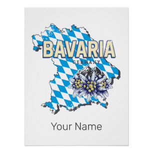 Pôster Baviera com Mapa Antigo e Desenho de Edelweiss