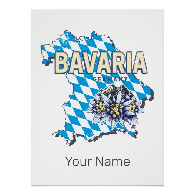 Pôster Baviera com Mapa Antigo e Desenho de Edelweiss (Frente)