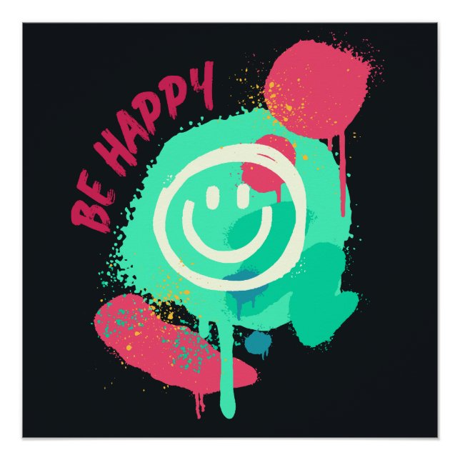 Pôster Be Happy Smiley Mint & Pink Graffiti Street Art (Frente)
