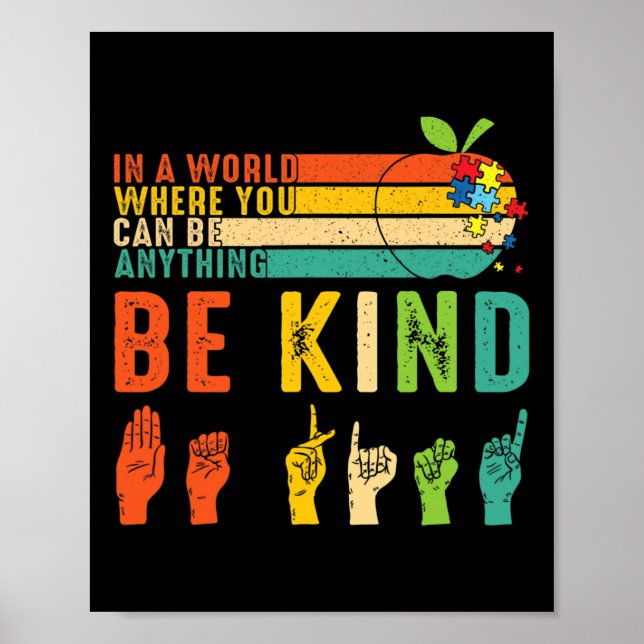 Poster Be Kind Asl Sign Language Hand Autism Awareness Ki (Frente)
