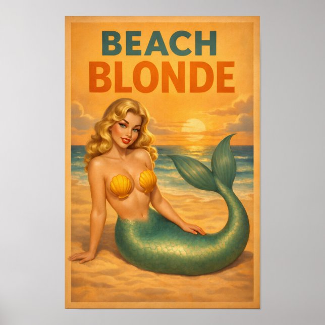 Poster Beach Blonde Pin-Up Mermaid Retro Coastal Life Art (Frente)