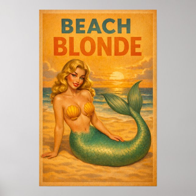 Poster Beach Blonde Pin-Up Mermaid Retro Coastal Life Art (Frente)