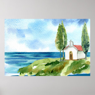Poster Beach Coastal Ocean Church Watercolor