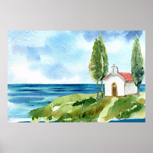 Poster Beach Coastal Ocean Church Watercolor (Frente)