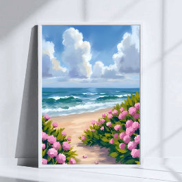 Poster Beach in Bloom | Pink Hydrangea Oceanside Coastal